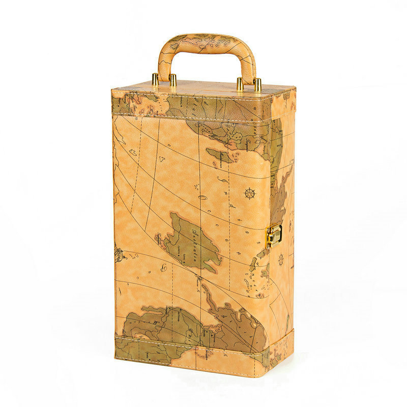 World map design pu leather red wine bottle box