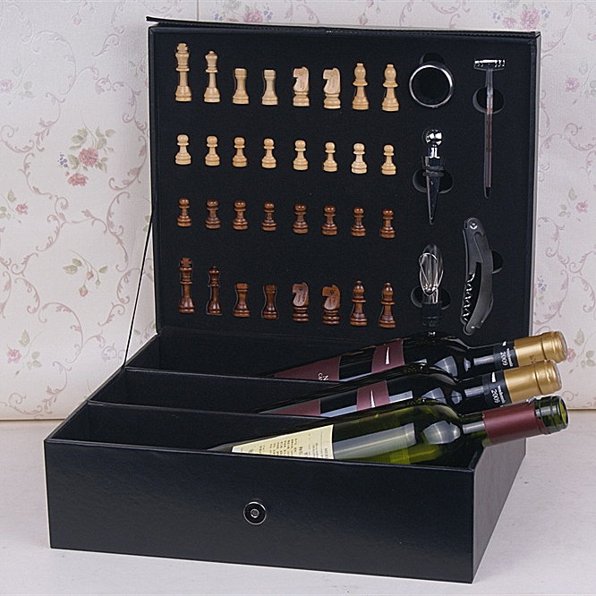 PU leather Double Red Wine bottle box with Chess game
