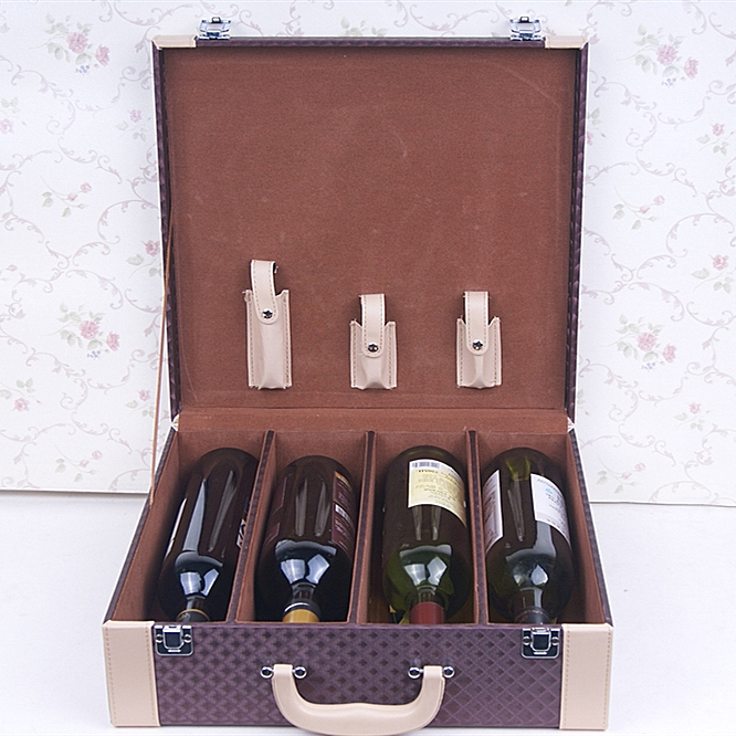 Big size Woven pattern PU leather Box for 4 wine bottles