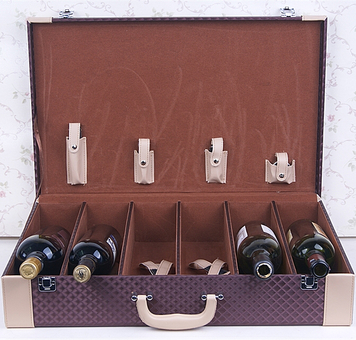  Easily handle 6 bottles pu leather red wine bottle box