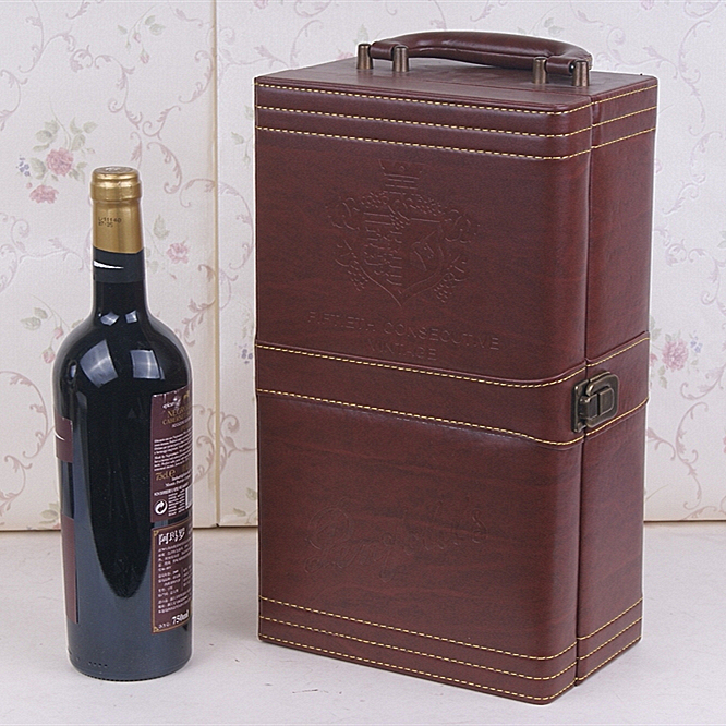 Brown PU Leather double Wine bottle Box with wine accessories