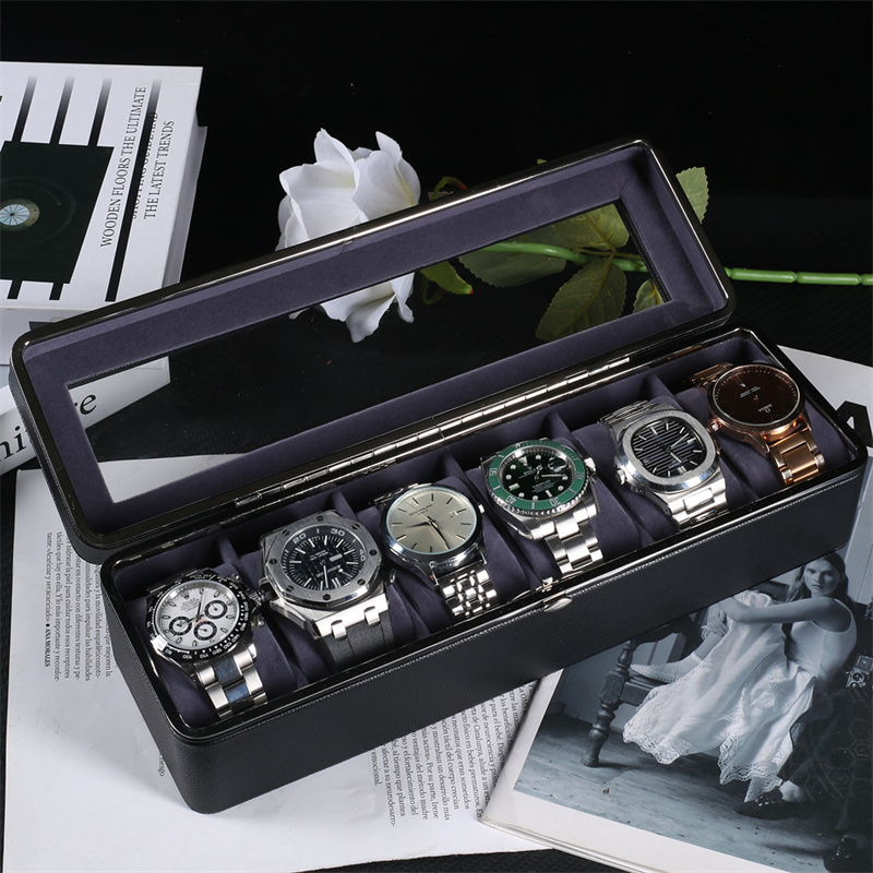 Black 6 slots PU leather watch display box