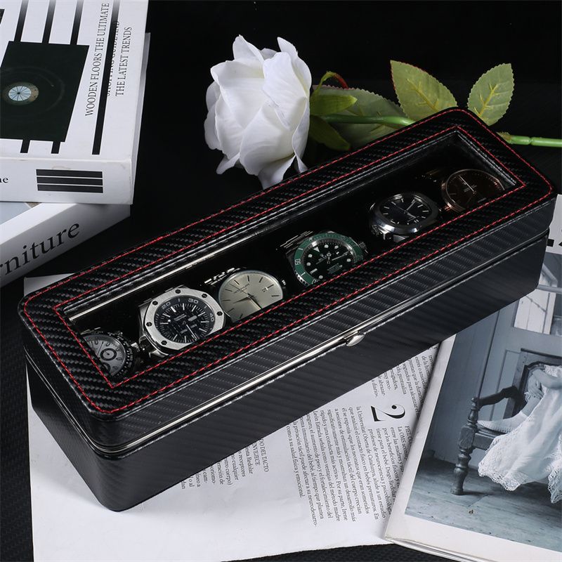 Carbon fiber 6 slots PU leather watch display box