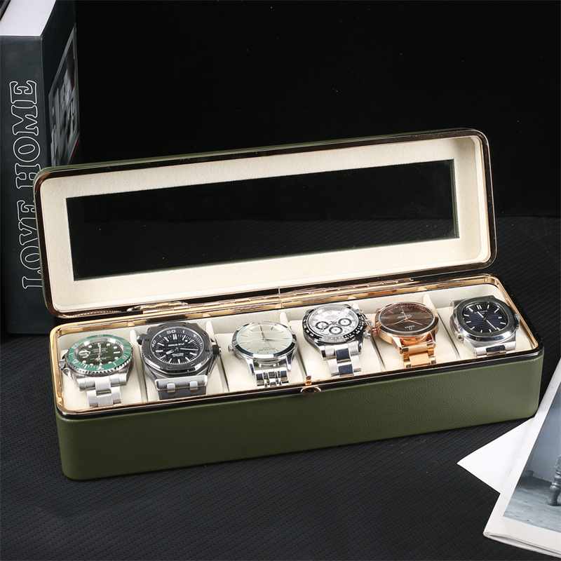 Green 6 slots PU leather watch display box