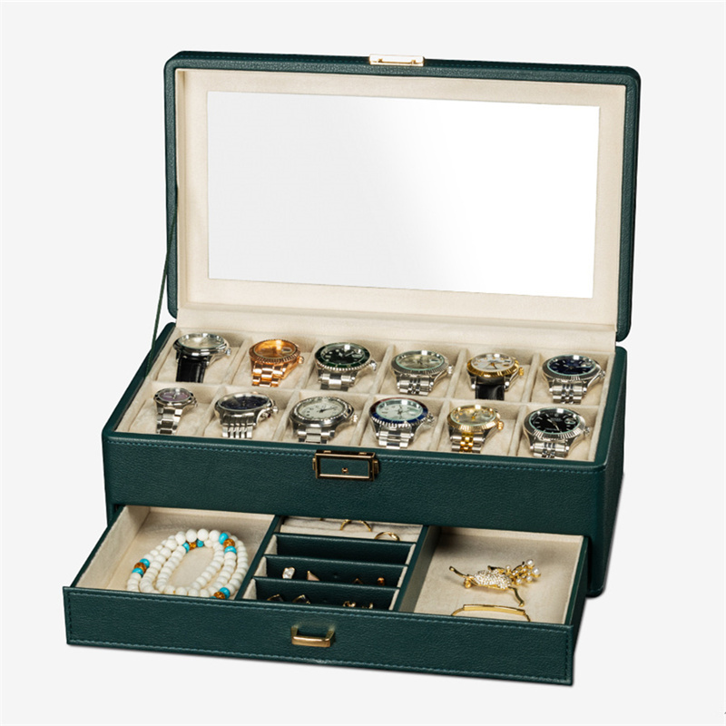 Green 12 slots pu leather watch box with drawers for jewelry display