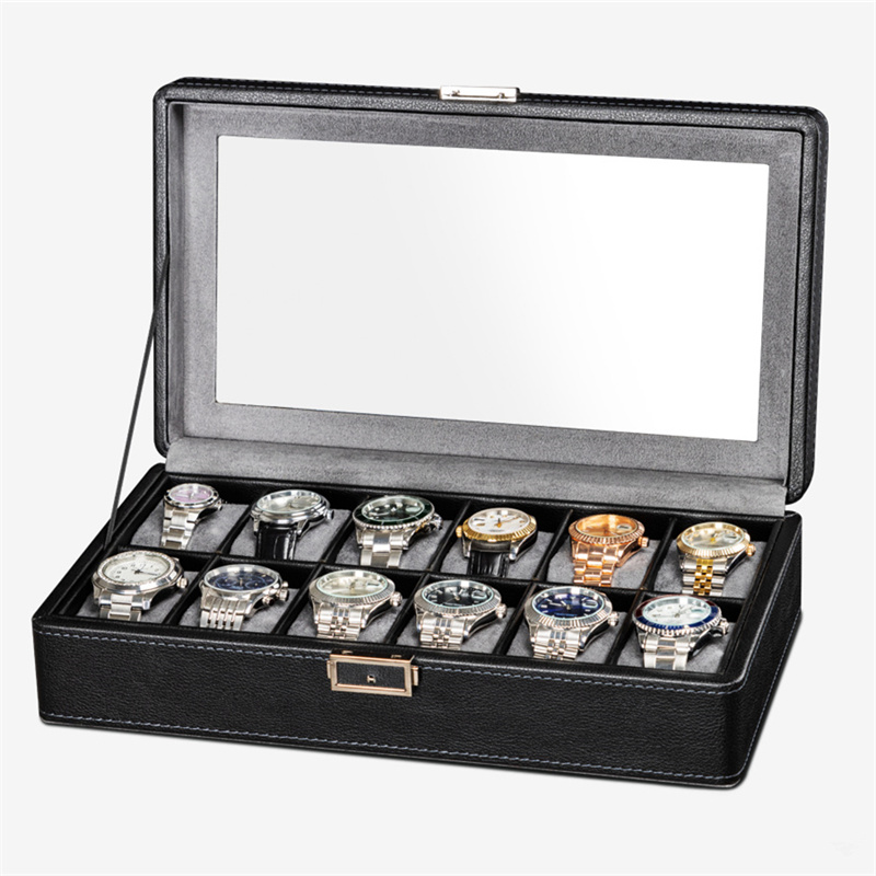 Black 12 slots pu leather watch display box