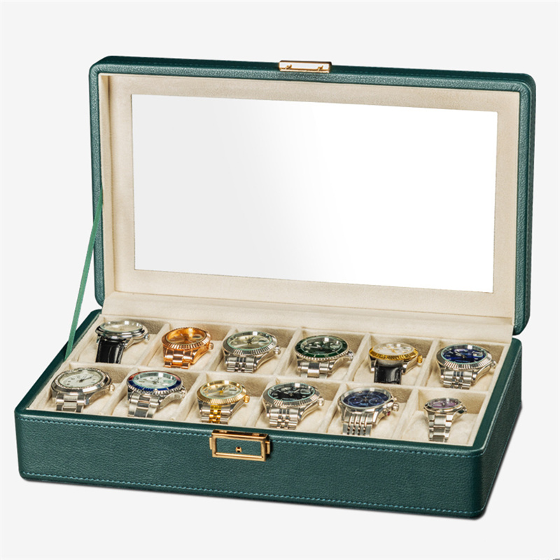 Green 12 slots pu leather watch display box