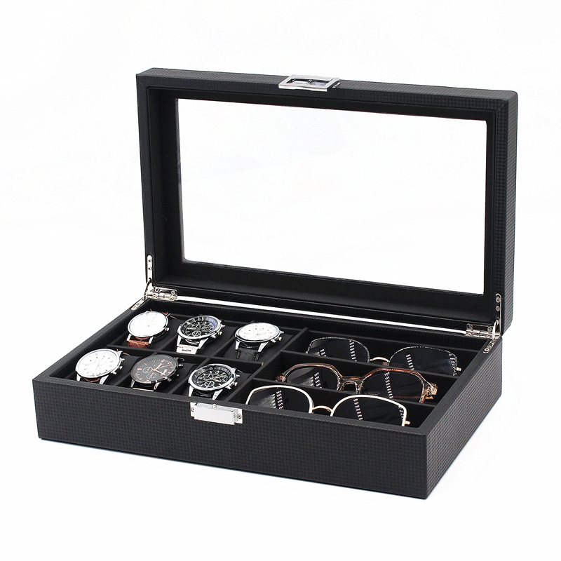 6+3 Carbon fiber PU leather watch sunglasses display box