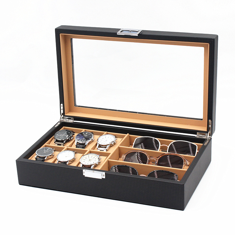 6+3 Carbon fiber PU leather watch sunglasses display box