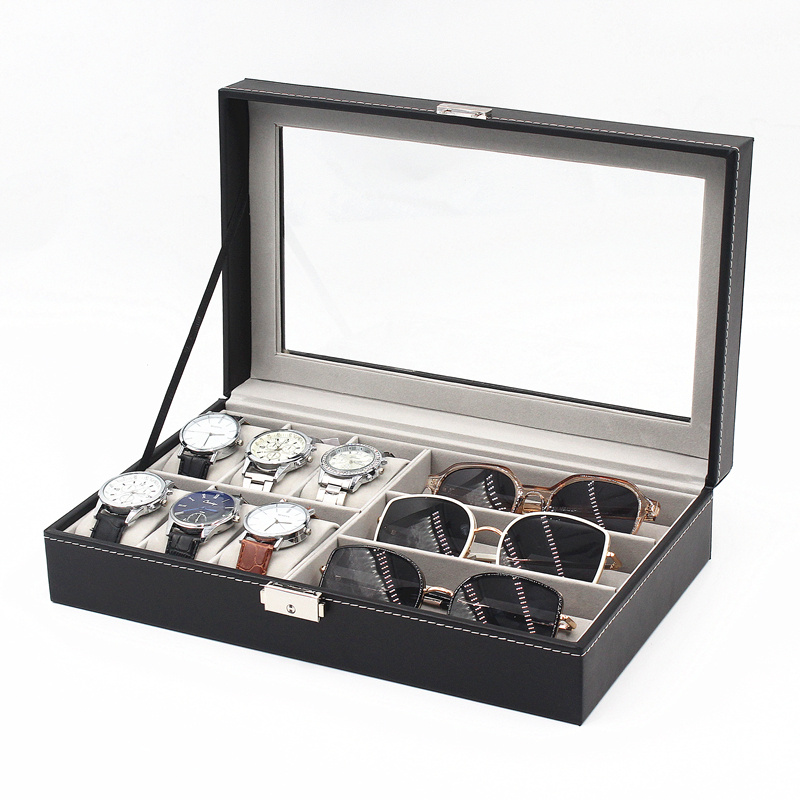 6+3 Black PU leather watch sunglasses display box