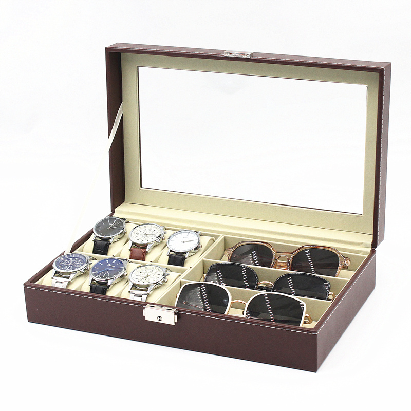 6+3 Brown PU leather watch sunglasses display box