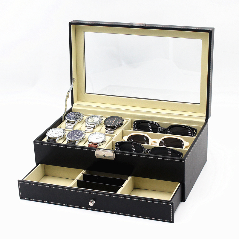 6+3 Black PU leather watch sunglasses display box with drawer for jewelry