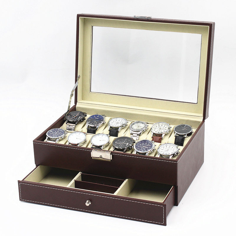 12 Brown PU leather watch display box with drawer for jewelry