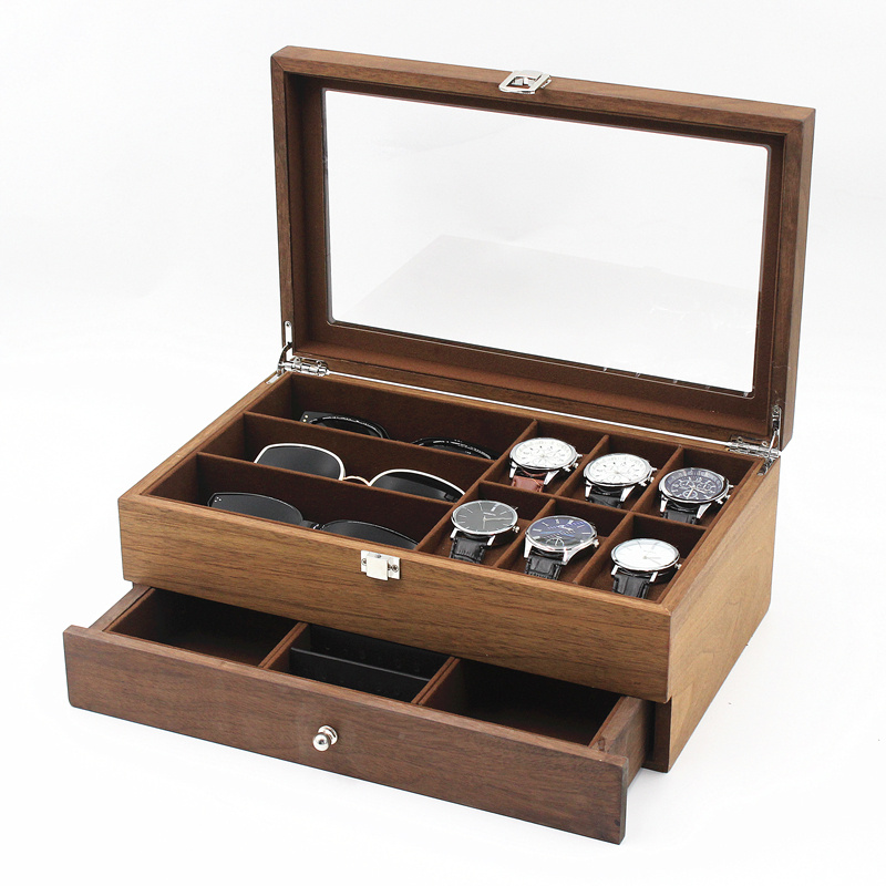 6+3 Walnut wood watch sunglasses display box with drawer for jewelry