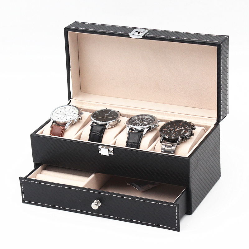 4+2 Carbon fiber pu leather watch display box with drawer for jewelry