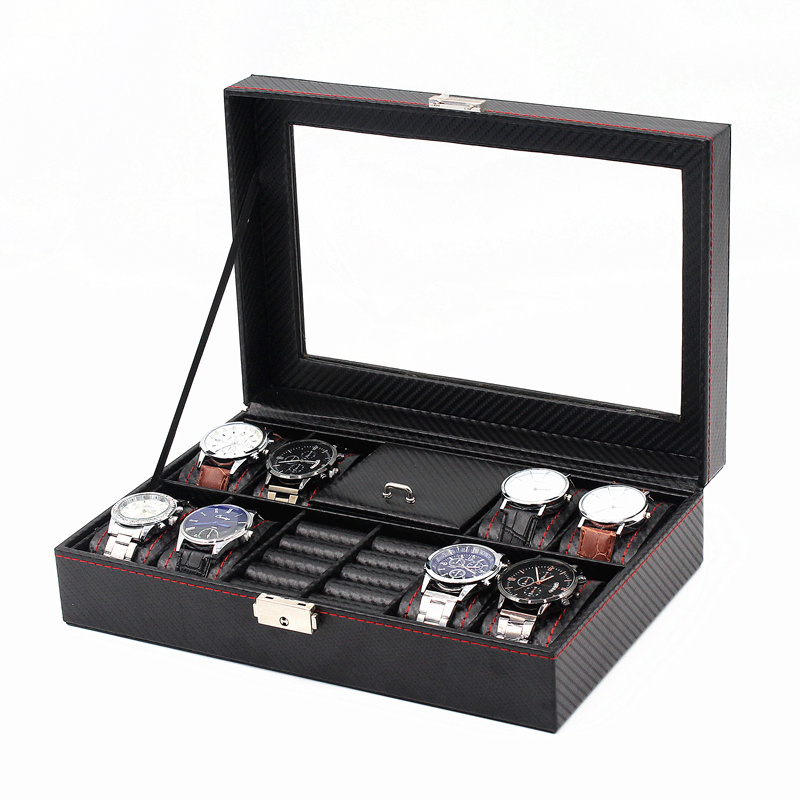 8+2 Carbon fiber PU leather watch jewelry display box