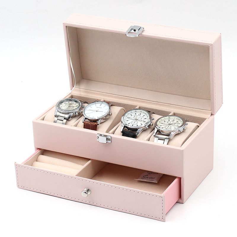 4+2 Pink pu leather watch display box with drawer for jewelry