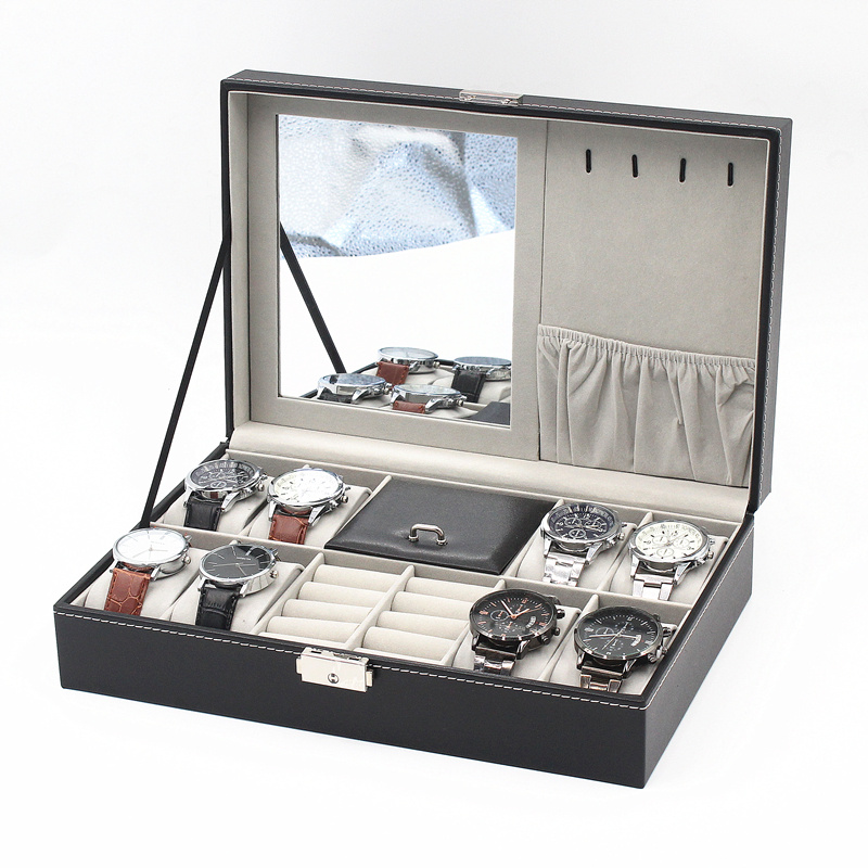8+2 black PU leather watch jewelry display box-mirror