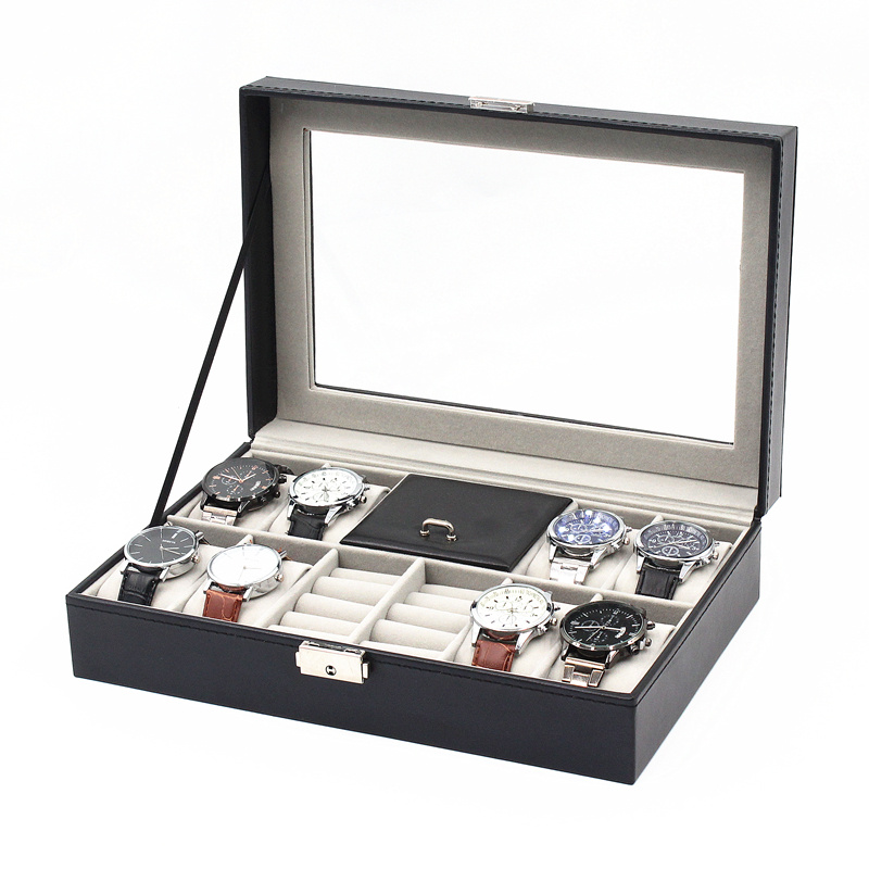 8+2 black PU leather watch jewelry display box-window 