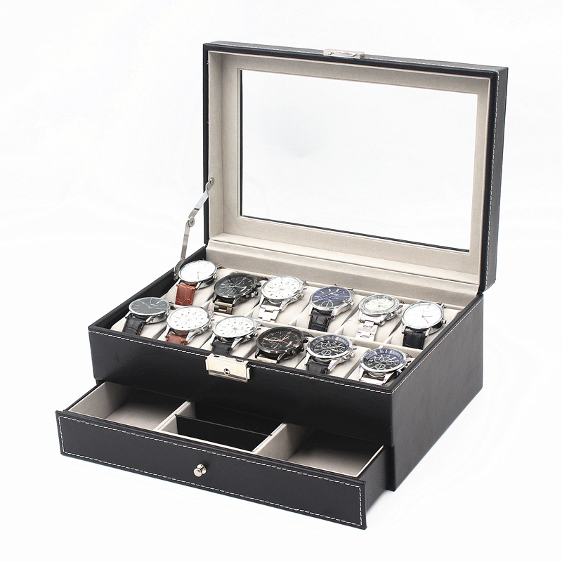 12 slots black PU leather watch display box with drawer for jewelry