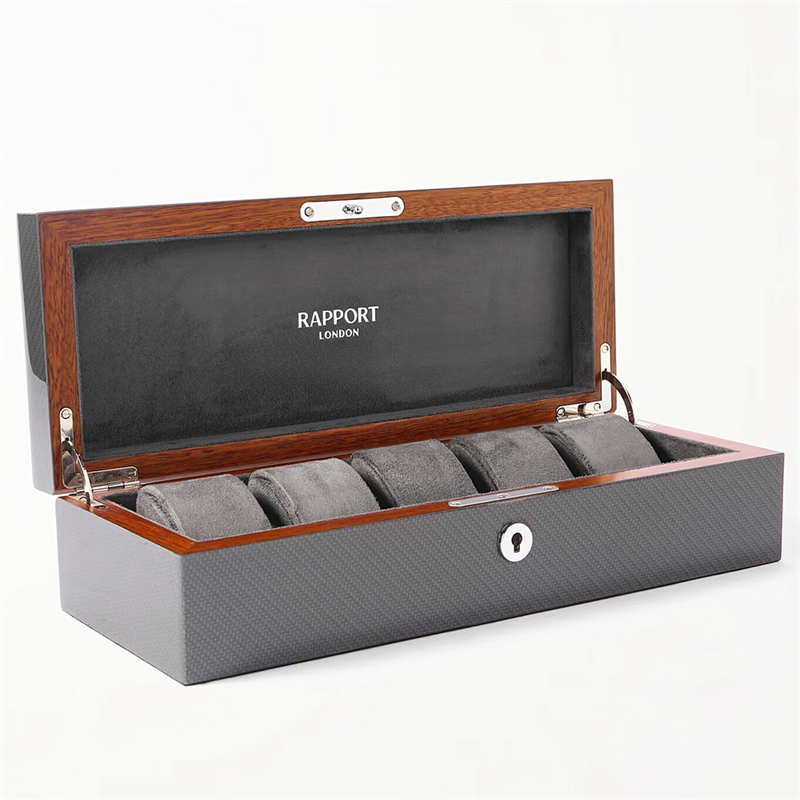 5 slots Piano finishing Carbon Fiber wooden watch display box
