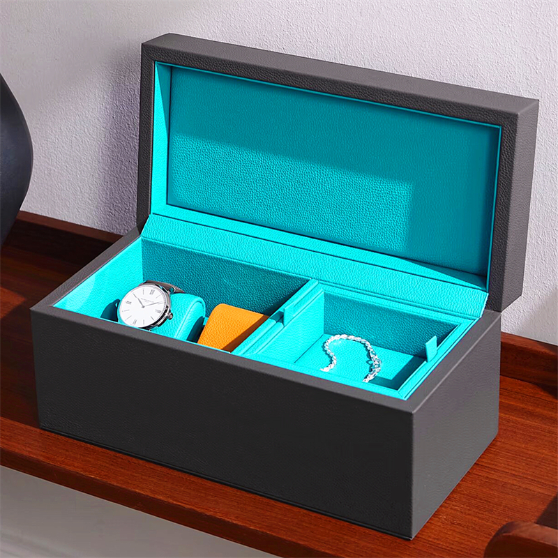 2 slots PU leather watch display box with tray for jewelry