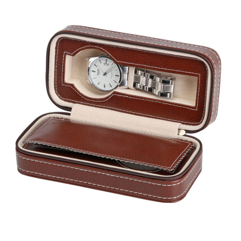 2 slots Brown Pu leather zipper design watch box