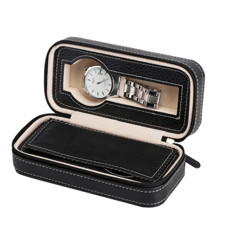 2 slots Black Pu leather zipper design watch box