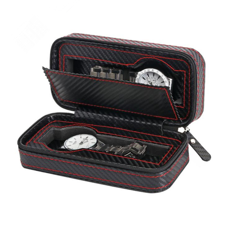 2 slots carbon fiber Pu leather zipper design watch box