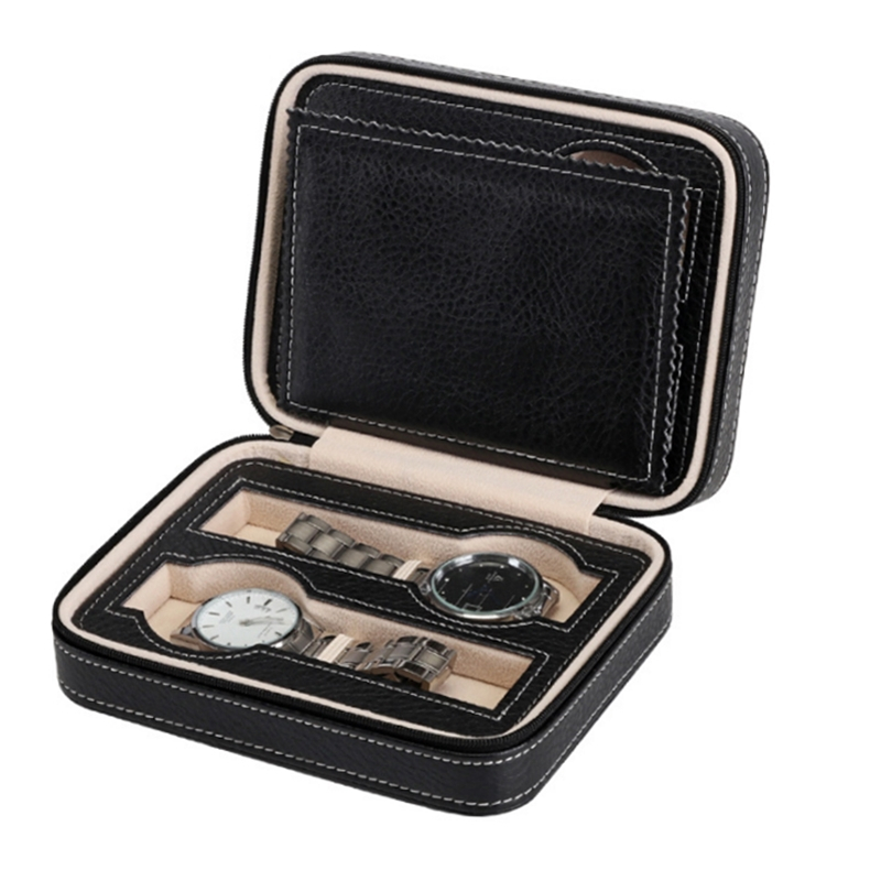 4 slots black pu leather watch package box zipper design