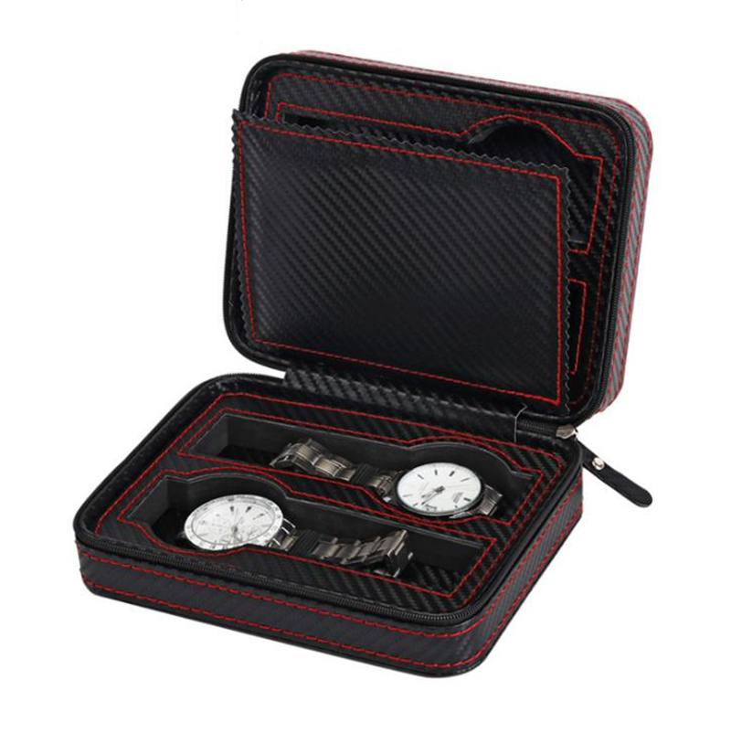 4 slots brown carbon fiber leather watch package box zipper design