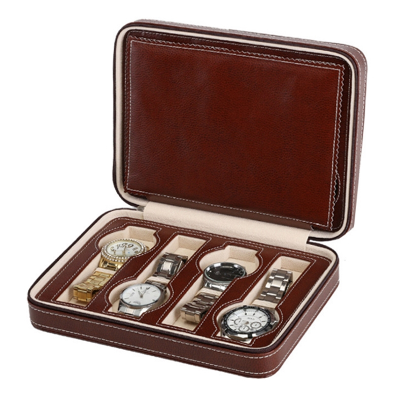 8 slots brown pu leather watch package box zipper design