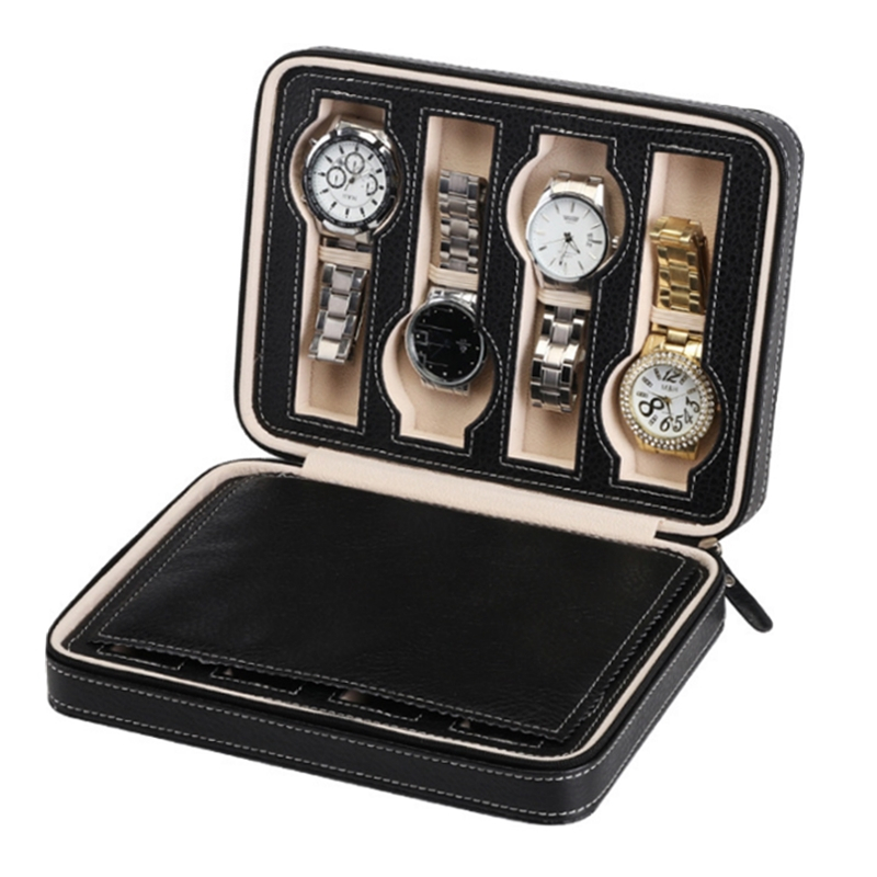 8 slots black pu leather watch package box zipper design