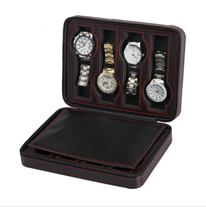8 slots carbon fiber pu leather watch package box zipper design
